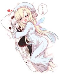  animal_ears bad_id bad_pixiv_id barefoot blonde_hair blush cecilia_lilnetta closed_eyes dakimakura_(object) detached_wings drooling female hat heart heterochromia hugging_object long_hair lying mob_cap on_side original pajamas pillow pillow_hug pointy_ears tsukikage_nemu white_hair wings 