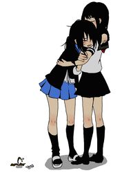  2girls black_hair black_legwear black_skirt blue_skirt closed_eyes commentary_request coppelion flower full_body hair_over_one_eye hug ichikawa_meisa ikarimame kneehighs loose_socks miniskirt multiple_girls pleated_skirt sailor_collar sandals school_uniform serafuku shadow side_ponytail simple_background skirt socks tears tsuburaya_mana white_background 