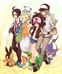  baseball_cap bel_(pokemon) bell_(pokemon) black_hair blonde_hair brown_hair cheren_(pokemon) choroneko green_hair hand_holding hat holding_hands mijumaru n_(pokemon) oshawott pokabu pokemon pokemon_(game) pokemon_black_and_white pokemon_bw purrloin snivy tepig touko_(pokemon) touko_(pokemon) tsutaaja 