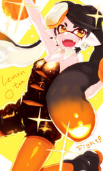  +_+ arm_up black_hair brown_eyes callie_(splatoon) commentary_request detached_collar earrings english_text etsuo fangs female food food_on_head fruit gloves highres inkling jewelry jumping lemon long_hair mole mole_under_eye object_on_head open_mouth pantyhose photoshop_(medium) pointy_ears short_jumpsuit smile solo sparkle splatoon_(series) splatoon_1 strapless sweat tentacle_hair yellow_pantyhose yellow_theme 