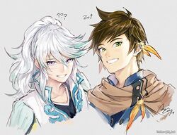  2boys ? ?? aged_up bishounen blue_hair brown_hair earrings feather_earrings feathers grin jewelry long_hair male_focus mikleo_(tales) multiple_boys n_8u4 official_alternate_costume profile smile sorey_(tales) tales_of_(series) tales_of_zestiria 