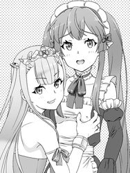  2girls apron blush breasts commentary_request elbow_gloves elf fuji_shinobu gloves grabbing grabbing_another&#039;s_breast greyscale long_hair looking_at_viewer maid maid_headdress monochrome multiple_girls myucel_foalan outbreak_company petralka_anne_eldant_iii pointy_ears small_breasts smile tiara twintails yuri 