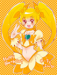  blonde_hair bow brooch choker commentary_request cure_sunshine female hair_ribbon heart heart_brooch heartcatch_precure! jewelry long_hair magical_girl midriff myoudouin_itsuki nail_polish navel open_mouth orange_bow orange_choker photoshop_(medium) precure ribbon satou_ramune skirt smile solo twintails v wrist_cuffs yellow_bow yellow_eyes yellow_theme 