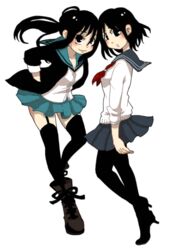  2girls black_eyes black_hair black_legwear blue_skirt boots commentary_request coppelion full_body garter_straps hands_in_pockets heads_together high_heels ichikawa_meisa ikarimame looking_at_viewer miniskirt multiple_girls pantyhose pleated_skirt ponytail sailor_collar school_uniform serafuku short_hair simple_background skirt thighhighs tsuburaya_mana white_background zipper 