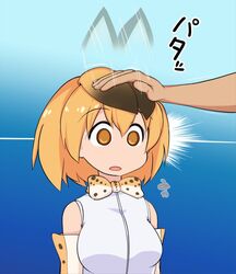  :o afterimage animal_ears bare_shoulders blue_background bow bowtie breasts commentary elbow_gloves empty_eyes extra_ears female gloves gradient_background hair_between_eyes hand_on_another&#039;s_head headpat isemagu kemono_friends large_breasts motion_lines newtype_flash orange_bow orange_bowtie orange_eyes orange_hair out_of_frame parted_lips print_bow print_bowtie serval_(kemono_friends) serval_print shirt short_hair sleeveless sleeveless_shirt solo_focus sound_effects surprised translated two-tone_bowtie white_bow white_bowtie white_shirt 