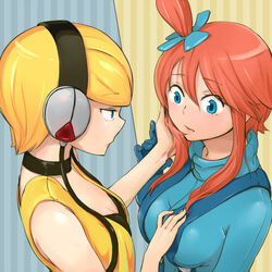  2girls ayatori_(sensei_heroism) blonde_hair blue_eyes breasts commentary_request elesa_(pokemon) grabbing grabbing_another&#039;s_breast hair_ornament medium_breasts multiple_girls pokemon pokemon_bw red_hair skyla_(pokemon) small_breasts yuri 