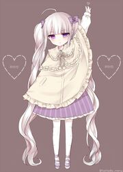  absurdly_long_hair ahoge arm_up bad_id bad_pixiv_id blush brown_background character_name female full_body hair_ribbon heart heterochromia long_hair looking_at_viewer mary_janes original pantyhose purple_eyes purple_ribbon ribbon rolo_noir shoes simple_background sleeves_past_wrists solo tsukikage_nemu twintails twitter_username very_long_hair white_hair white_pantyhose 