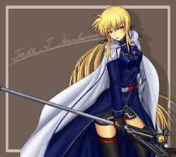  axe bardiche_(assault_form)_(nanoha) bardiche_(nanoha) blonde_hair cape commentary_request fate_testarossa fate_testarossa_(impulse_form) female gauntlets gloves hair_ribbon long_hair lyrical_nanoha mahou_senki_lyrical_nanoha_force moonlight_(base) red_eyes ribbon solo thighhighs twintails very_long_hair weapon 