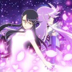  2girls back-to-back black_choker black_eyes black_hair blue_eyes bow choker commentary_request cure_moonlight dress dual_persona earrings elbow_gloves glasses gloves heartcatch_precure! holding_hands interlocked_fingers jewelry long_hair magical_girl multiple_girls petals precure purple_hair sokobe_hiyori star_(symbol) tsukikage_yuri umakoshi_yoshihiko_(style) 