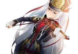  altair_(re:creators) bad_id bad_pixiv_id bleeding blood bow_(music) female gloves hat instrument kasugano_(11955672) long_hair looking_at_viewer military military_uniform re:creators red_eyes shako_cap solo standing uniform very_long_hair violin white_gloves white_hair 