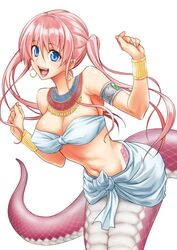  :d aoki_kanji armlet bandeau bare_shoulders blue_eyes bra bracelet breasts commentary covered_nipples earrings fangs female fingernails gem hands_up hoop_earrings jewelry lamia large_breasts long_hair looking_at_viewer monster_girl nail_polish navel necklace open_mouth pink_hair pointy_ears pretty_lamia red_nails scales sharp_fingernails sidelocks simple_background smile solo stomach strapless strapless_bra twintails underwear usekh_collar white_background white_bra 