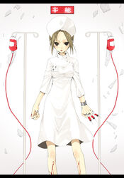  bad_id bad_pixiv_id bleeding blood blood_bag bracelet brown_hair copyright_request female glass hat intravenous_drip iv_stand jewelry mole nurse nurse_cap ring ringo_komachi solo syringe 