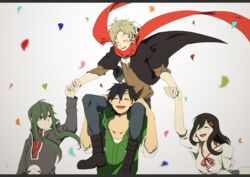  2boys 2girls black_hair brown_hair carrying closed_eyes commentary_request confetti green_hair hair_ornament hairclip highres holding_hands kagerou_project kano_shuuya kido_tsubomi long_hair multiple_boys multiple_girls nekome3 red_scarf scarf seto_kousuke short_hair shoulder_carry smile tateyama_ayano 