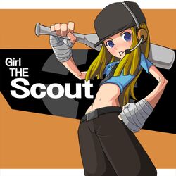  bandage bandages baseball_bat belt blonde_hair blush dog_tags english hat headset lipstick long_hair midriff navel open_mouth purple_eyes rule_63 team_fortress_2 teeth tf2 the_scout 