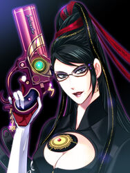  bayonetta bayonetta_(character) beauty_mark black_eyes black_hair breasts chains cleavage cleavage_cutout earrings eyeshadow female glasses gradient gradient_background gun hair_bun jewelry long_hair makeup mole red_ribbon ribbon solo very_long_hair weapon ywaka 