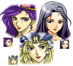  3girls bandana bandana black_eyes black_hair blonde_hair blue_eyes earrings female final_fantasy final_fantasy_ii headdress hilda_(ff2) hyoushin jewelry leila lipstick long_hair lowres makeup maria_(ff2) multiple_girls princess_hilda purple_eyes purple_hair 