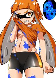  angry artist_name bike_shorts breasts clenched_teeth clothes_lift commentary_request cowboy_shot dirty fangs female grimace inkling inkling_girl inkling_player_character long_hair map navel one_eye_closed orange_eyes orange_hair paint_splatter pointy_ears shirt shirt_lift signature single_vertical_stripe small_breasts solo splatoon_(series) splatoon_1 standing t-shirt tearing_up teeth tentacle_hair white_background wiping_face xion_(pulilulu) 