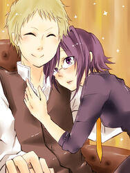  1boy bad_id bad_pixiv_id blonde_hair blush closed_eyes commentary_request female glasses kiriki_alice kiriki_liszt necktie nia1217 ookami-san purple_eyes purple_hair smile sparkle vest 