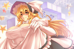  &gt;:) aged_up apron blonde_hair bonnet bow breasts cleavage cloud commentary covered_nipples female gloves hat highres huge_breasts invincible_marisa kirisame_marisa long_hair mushroom new_super_marisa_land no_bra power-up smile solo star_(symbol) symbol-shaped_pupils thick_eyebrows touhou tro_(trombe) v-shaped_eyebrows waist_apron yellow_eyes 