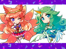  2girls ahri alternate_costume alternate_hair_color alternate_skin_color animal_ears blue_skirt breasts chibi fox_ears fox_girl fox_tail gloves green_hair hair_ornament horn league_of_legends long_hair magical_girl multiple_girls peach_hair pointy_ears purple_eyes skirt solo soraka staff star_guardian_ahri star_guardian_soraka thigh_boots very_long_hair white_gloves white_legwear wings wink 