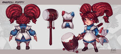  alternate_costume alternate_hairstyle animal_ears apron artist_name blush_stickers brown_eyes buckler buttons character_name commentary_request concept_art dress female highres kienan_lafferty league_of_legends multiple_views oerba_yun_fang pantyhose pillow poppy_(league_of_legends) ragdoll_poppy rattle_drum red_hair shield striped_clothes striped_pantyhose turnaround twintails yarn yordle 