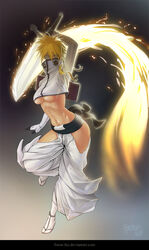  arrancar bleach blonde_hair breasts commentary energy female foton-ike gloves glowing glowing_sword glowing_weapon green_eyes highres long_hair magic medium_breasts photoshop_(medium) revealing_clothes russian_commentary short_hair solo sword tier_harribel underboob weapon 