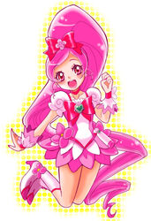  boots bow brooch choker commentary_request cure_blossom earrings female hairbow hanasaki_tsubomi heart heart_brooch heartcatch_precure! high_ponytail jewelry long_hair magical_girl nail_polish open_mouth pink_bow pink_choker pink_eyes pink_hair ponytail precure ribbon satou_ramune skirt smile solo 