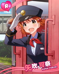  :d artist_request brown_hair character_name female hair_ornament hat idolmaster idolmaster_million_live! official_art open_mouth peaked_cap salute short_hair smile solo train train_attendant travel_attendant uniform yabuki_kana yellow_eyes 