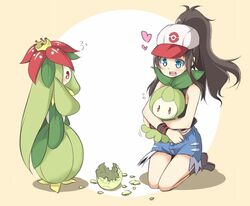  baseball_cap binsen blue_eyes brown_hair churine denim denim_shorts doredia eggshell hat lilligant petilil pokemon pokemon_(game) pokemon_black_and_white pokemon_bw red_eyes shorts touko_(pokemon) touko_(pokemon) 