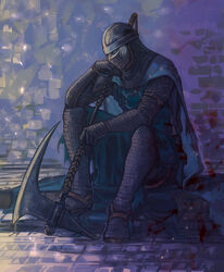  1boy armor axe bad_id bad_pixiv_id belt blue_eyes cape chainmail creighton_of_mirrah dark_souls_(series) dark_souls_ii helmet highres male_focus mask nishiki_areku sitting surcoat weapon white_hair 