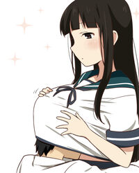  1boy black_hair blunt_bangs blush brown_eyes commentary_request female hatsuyuki_(kancolle) head_on_chest head_under_another&#039;s_clothes head_up_shirt ikari_manatsu kantai_collection long_hair open_mouth school_uniform serafuku shirt under_another&#039;s_clothes upper_body 