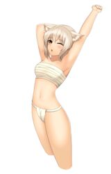  ;o absurdres animal_ears armpits arms_up bare_arms bare_shoulders blush breasts chest_sarashi commentary_request cowboy_shot female fundoshi highres inubashiri_momiji japanese_clothes medium_breasts navel no_headwear no_pants one_eye_closed orange_eyes ozu_(agito100001) rokushaku_fundoshi sarashi short_hair solo stomach stretching touhou white_hair wolf_ears 