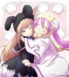  2girls blonde_hair closed_eyes duel_monster ebon_magician_curran female happy hat hug multiple_girls pink_hair smile solo white_magician_pikeru yu-gi-oh! 