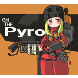  blonde_hair blush bodysuit bullet english female flamethrower frown gas_mask long_hair mr_kunimitsu red_eyes rule_63 solo team_fortress_2 tf2 the_pyro weapon 