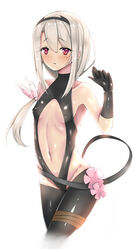  bad_id bad_pixiv_id bare_shoulders belt black_gloves black_hairband black_leotard black_pantyhose breasts clothing_cutout cosplay covered_nipples dark-skinned_female dark_skin fate/grand_order fate/kaleid_liner_prisma_illya fate/prototype fate/prototype:_fragments_of_blue_and_silver fate_(series) female flower_ornament gloves hair_ornament hairband halterneck hassan_of_serenity_(fate) hassan_of_serenity_(fate)_(cosplay) highleg highleg_leotard highres illyasviel_von_einzbern leotard long_hair looking_at_viewer navel navel_cutout pantyhose puririn red_eyes simple_background small_breasts solo white_background white_hair 