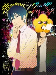  2boys arakawa_under_the_bridge cigarette commentary_request highres hoshi_(arakawa) ichinomiya_kou male_focus mask mosako multiple_boys necktie nino_(arakawa) smoking star_(symbol) sunglasses 