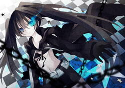  absurdres belt black_gloves black_hair black_rock_shooter black_rock_shooter_(character) blue_eyes chains checkered commentary_request female flaming_eye gloves hanepochi highres long_hair midriff navel no_shirt photoshop_(medium) scar shorts solo star_(symbol) twintails 