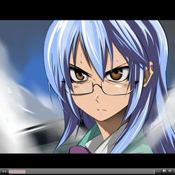  amamiya_sakurako angry bad_id bad_pixiv_id blue_hair brown_eyes fake_screenshot female glasses psyren samuraig solo 