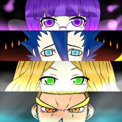  atlus blonde_hair blue_eyes blue_hair cattleya_(pokemon) elite_four giima_(pokemon) glasses long_hair orange_eyes parody persona persona_3 persona_eyes pokemon pokemon_(game) pokemon_black_and_white pokemon_bw purple_eyes purple_hair renbu_(pokemon) shikimi_(pokemon) short_hair 