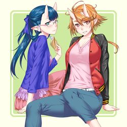  212_(kisaragi) 2girls aged_up arm_support bad_id bad_pixiv_id blue_eyes blue_hair blush breasts capri_pants casual cleavage demon_girl denim from_side glasses grin hair_ribbon horns jacket jeans large_breasts letterman_jacket multiple_girls oni orange_eyes orange_hair original pants ponytail ribbon short_hair sitting skin-covered_horns skirt smile 