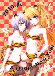  2girls animal_ears ayanami_rei bare_shoulders bikini blue_eyes blue_hair female flat_chest long_hair lum_(cosplay) masaki3 midriff multiple_girls neon_genesis_evangelion orange_hair red_eyes short_hair small_breasts soryu_asuka_langley souryuu_asuka_langley swimsuit tail thighhighs tiger_ears tiger_print urusei_yatsura 