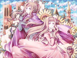  2girls axis_powers_hetalia blonde_hair brown_hair cape coat commentary_request crown flower france_(hetalia) genderswap_(mtf) gloves hat long_hair moscow_kremlin multiple_girls notre_dame_de_paris purple_eyes rule_63 russia_(hetalia) shovel snowflakes spasskaya_tower star_(symbol) sunflower suou_sakura 