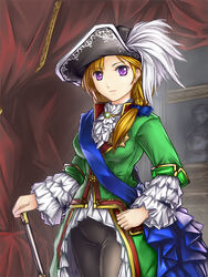  ascot breasts brown_hair cane catherine_the_great civilization_(series) civilization_iv commentary_request curtains feathers female hair_ribbon hand_on_own_hip hat large_breasts long_hair medal military military_uniform painting_(object) photoshop_(medium) ponytail purple_eyes ribbon russia sash solo tomw tricorne uniform 