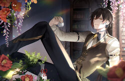  1boy absurdres black_hair book brown_hair collared_shirt cup diamond-shaped_pupils diamond_(shape) earrings eyeliner eyeshadow flower foot_out_of_frame formal genshin_impact gradient_hair hair_between_eyes highres holding holding_cup indoors jewelry light long_hair long_sleeves looking_at_viewer makeup male_focus mamima multicolored_hair necktie orange_hair pants red_eyeshadow shadow shelf shirt sidelocks single_earring sitting smile solo suit symbol-shaped_pupils tassel tassel_earrings teacup teeth vase vest yellow_eyes zhongli_(genshin_impact) 