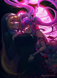  2girls backlighting blonde_hair breasts demon_girl demon_horns demon_tail demon_wings didi_(galacticdidi) english_commentary floating_hair glowing glowing_eyes habit hair_ornament hand_on_own_chest heart heart_hair_ornament highres hime_hajime horns hug ironmouse ironmouse_(demon_form) large_breasts licking_lips long_hair looking_at_another multiple_girls nun open_mouth pointy_ears red_eyes sidelocks tail tongue tongue_out twintails twitter_username very_long_hair virtual_youtuber vshojo wing_hair_ornament wings 