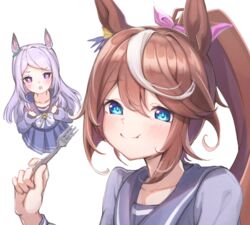  2girls animal_ears bad_id bad_twitter_id blue_eyes blush bow brown_hair clenched_hands fork hair_between_eyes happy holding holding_fork horse_ears horse_girl long_hair mejiro_mcqueen_(umamusume) multicolored_hair multiple_girls open_mouth pleated_skirt ponytail purple_eyes purple_hair round_teeth sailor_collar school_uniform simple_background skirt smile streaked_hair teeth tokai_teio_(umamusume) tracen_school_uniform tsujiya_okuyasu umamusume white_background white_hair 