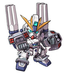  blue_eyes chibi gundam gundam_narrative head_tilt looking_at_viewer mecha missile_pod mobile_suit narrative_gundam narrative_gundam_b-packs no_humans robot science_fiction solo taedu v-fin white_background 