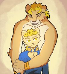  alternate_species anthro arm_tuft blonde_hair boni_(artist) bracelet dio_brando duo ear_piercing ear_ring father_(lore) father_and_child_(lore) father_and_son_(lore) felid furrification giorno_giovanna hair hand_holding jewelry jojo&#039;s_bizarre_adventure larger_anthro larger_male lion male mammal pantherine parent_(lore) parent_and_child_(lore) parent_and_son_(lore) piercing ring_piercing size_difference smaller_anthro smaller_male smile son_(lore) teeth tuft yellow_eyes young 