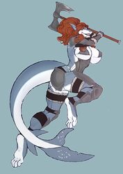  absurd_res action_pose anthro armor axe big_breasts blue_shark breasts clothed clothing feet female fish great_white_shark hair hi_res huntress_(nutty_butty) long_hair mackerel_shark marine orange_hair pose requiem_shark shark skimpy solo spots tail teeth unconvincing_armor white_shark wolfiree 