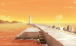  budda_(pixiv2124) cloud commentary_request harbor lighthouse mountain no_humans ocean orange_sky original outdoors scenery shore sky stairs sunset tetrapod water 